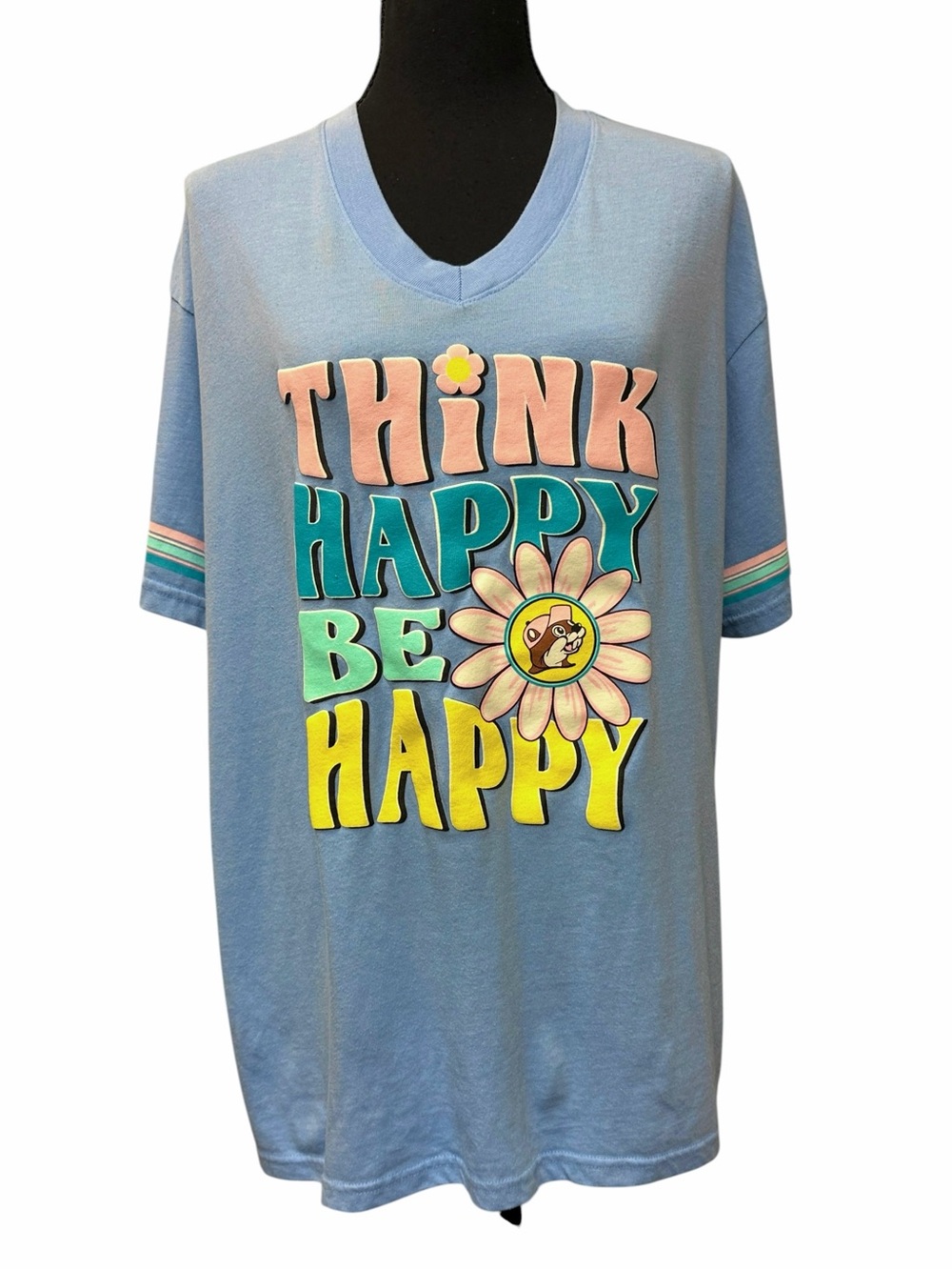 Buc-ee’s “Think Happy Be Happy” Blue Graphic Tee, Size L